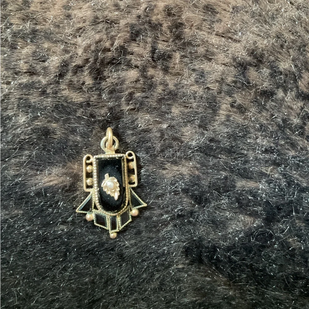 Antique Black Mourning Necklace Pendant Charm with Seed Pearl Memento Mori